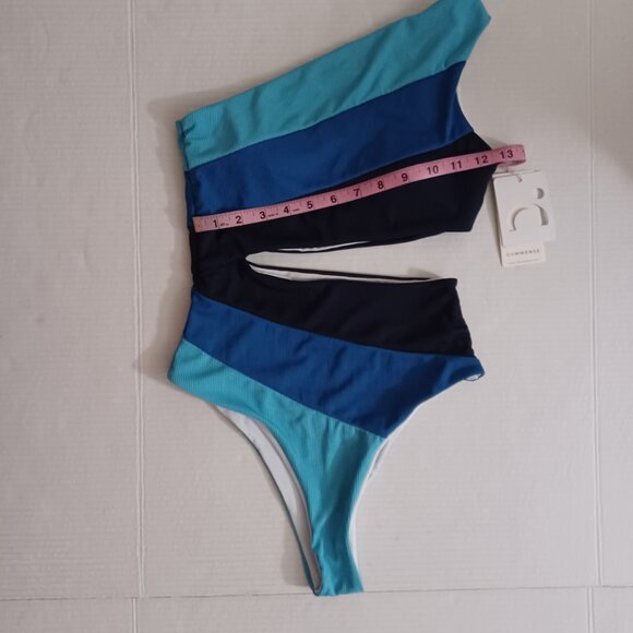 COMMENSE ASYMMETRICAL STRIPED ONE SHOULDER CUTOUT SWIMSUIT BLUE SIZE SMALL - Picture 7 of 10